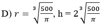 A closed cylindrical can is to be made to hold 1000 cm3 of oil. What are the dimensions (radius r and height h) that will minimize the total surface area of the can?